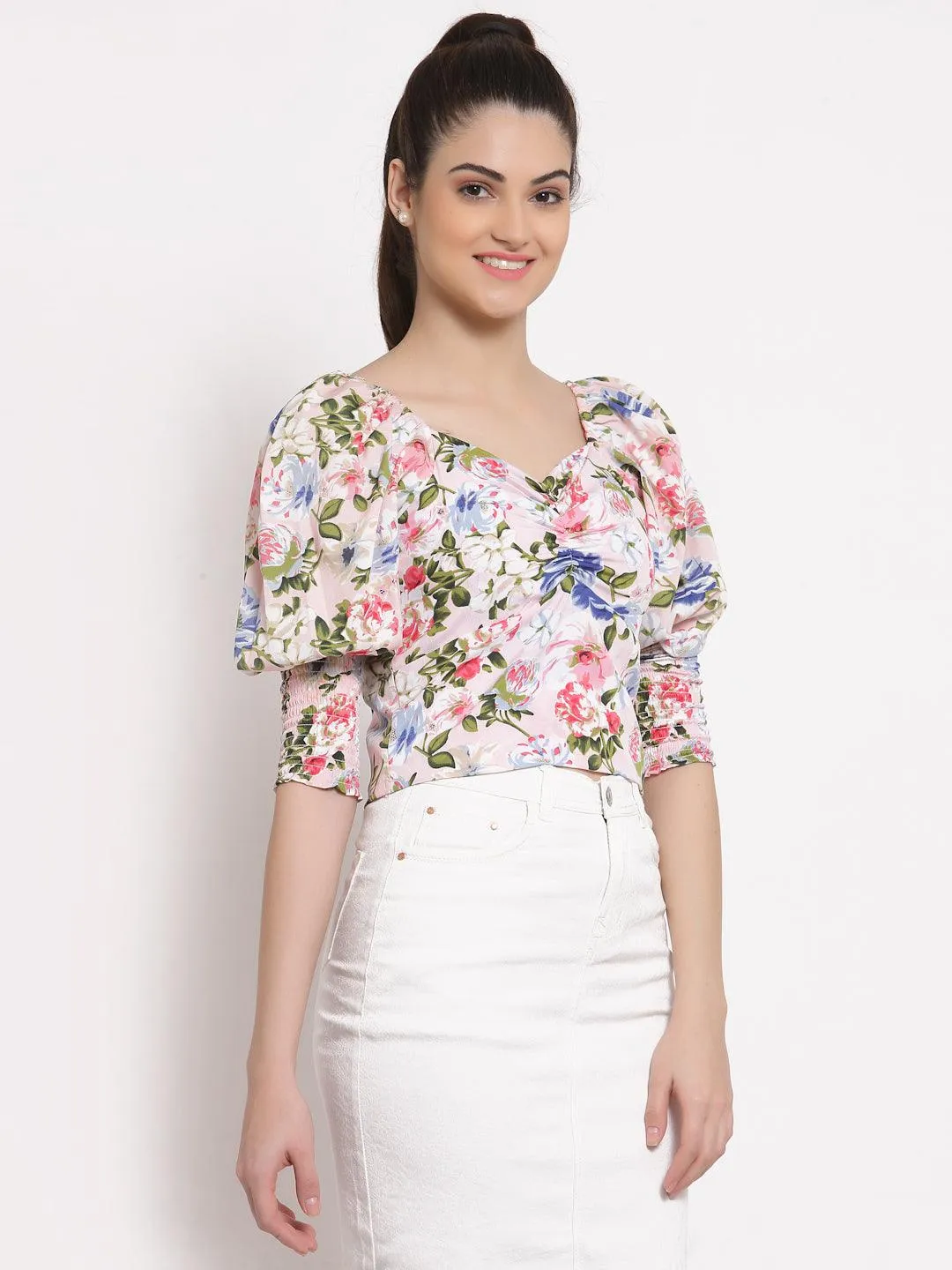 Style Quotient White  Pink Floral Printed Crepe Fitted Top