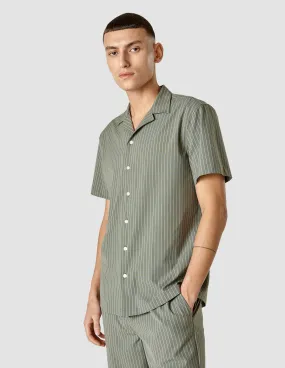 Tech Linen Bowling Short Sleeve Shirt Green Pinstripe