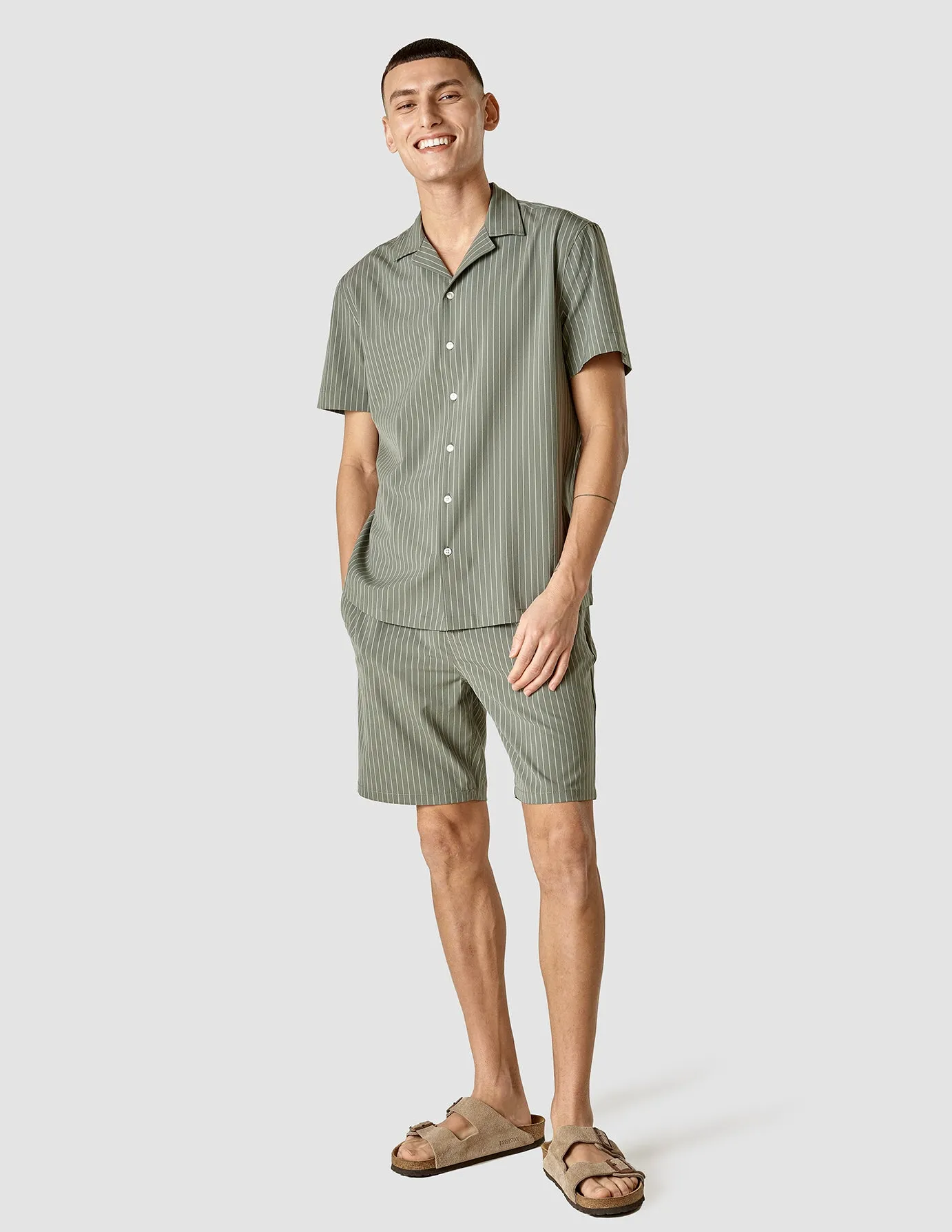 Tech Linen Bowling Short Sleeve Shirt Green Pinstripe