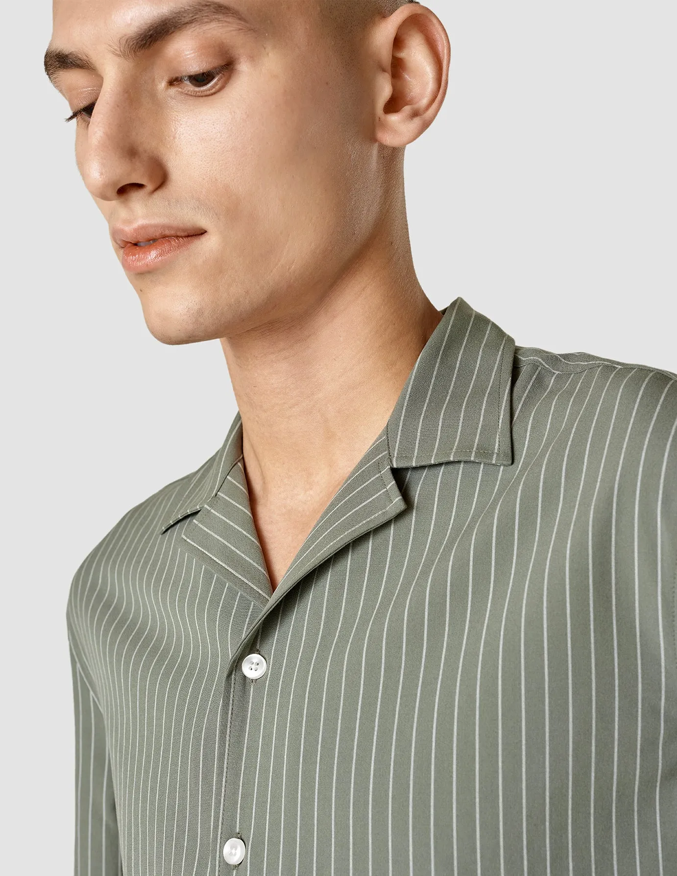 Tech Linen Bowling Short Sleeve Shirt Green Pinstripe