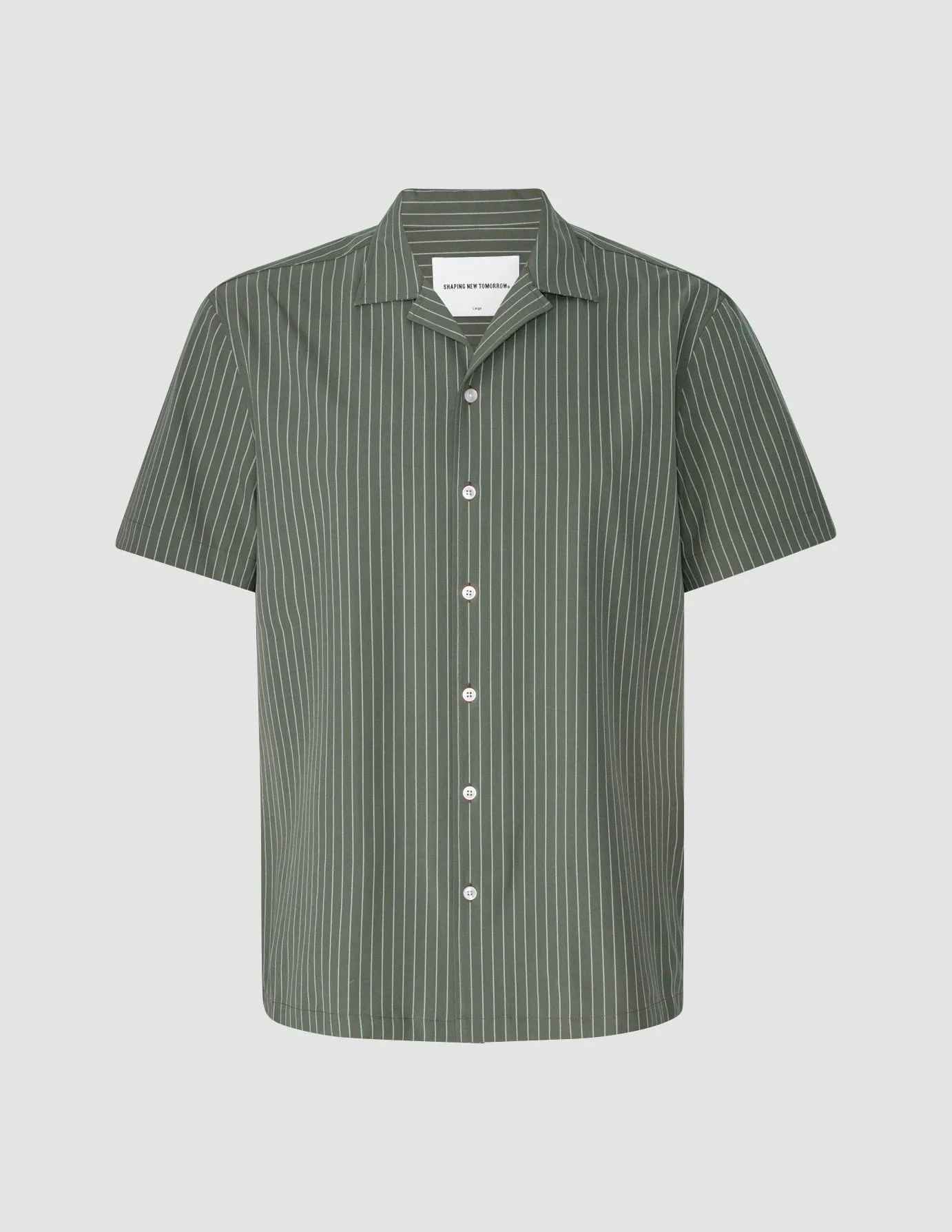 Tech Linen Bowling Short Sleeve Shirt Green Pinstripe