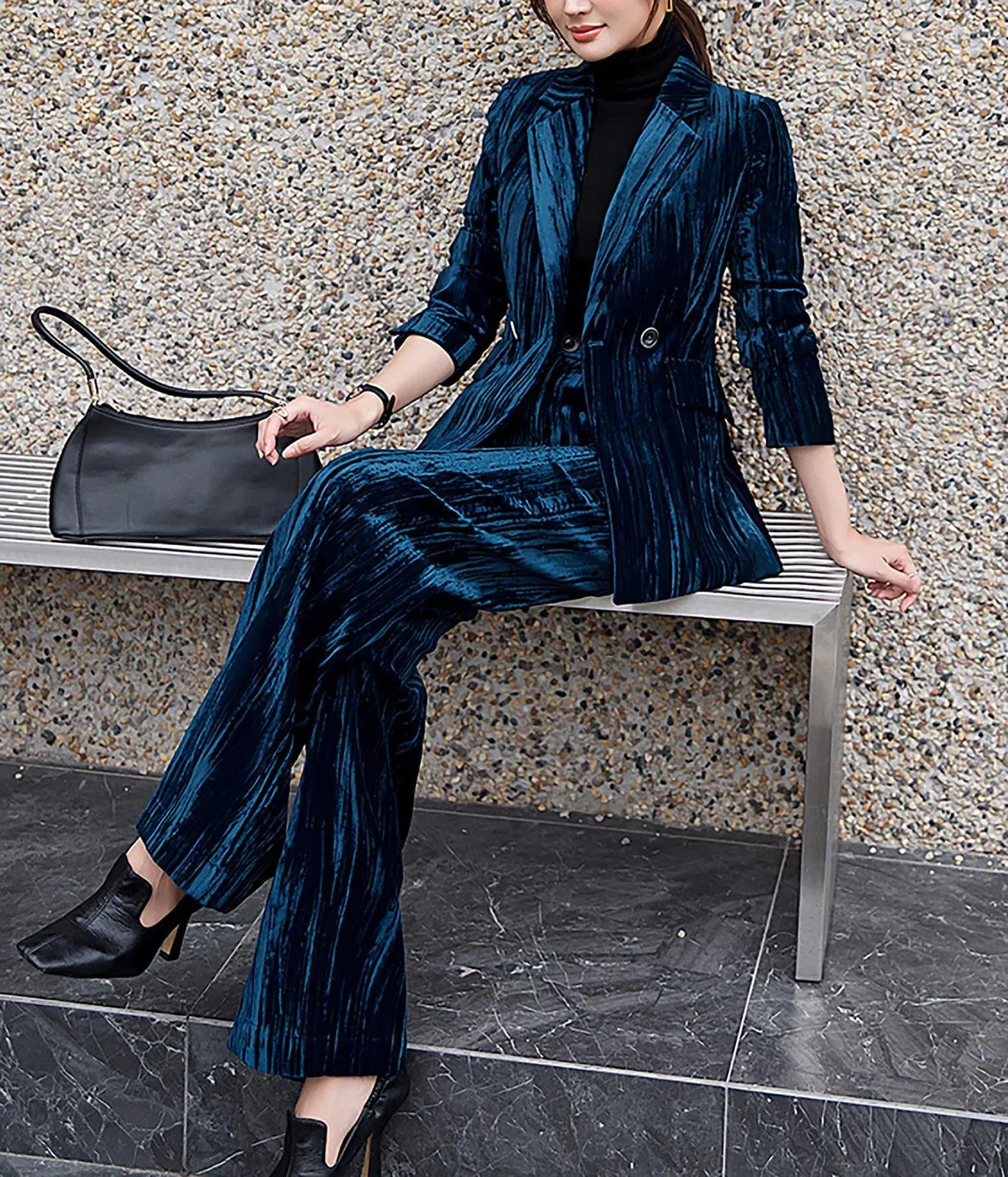 Velvet Two Button Blazer & Flare Pant Suit Set