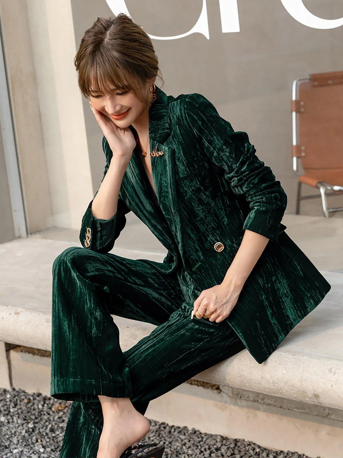 Velvet Two Button Blazer & Flare Pant Suit Set