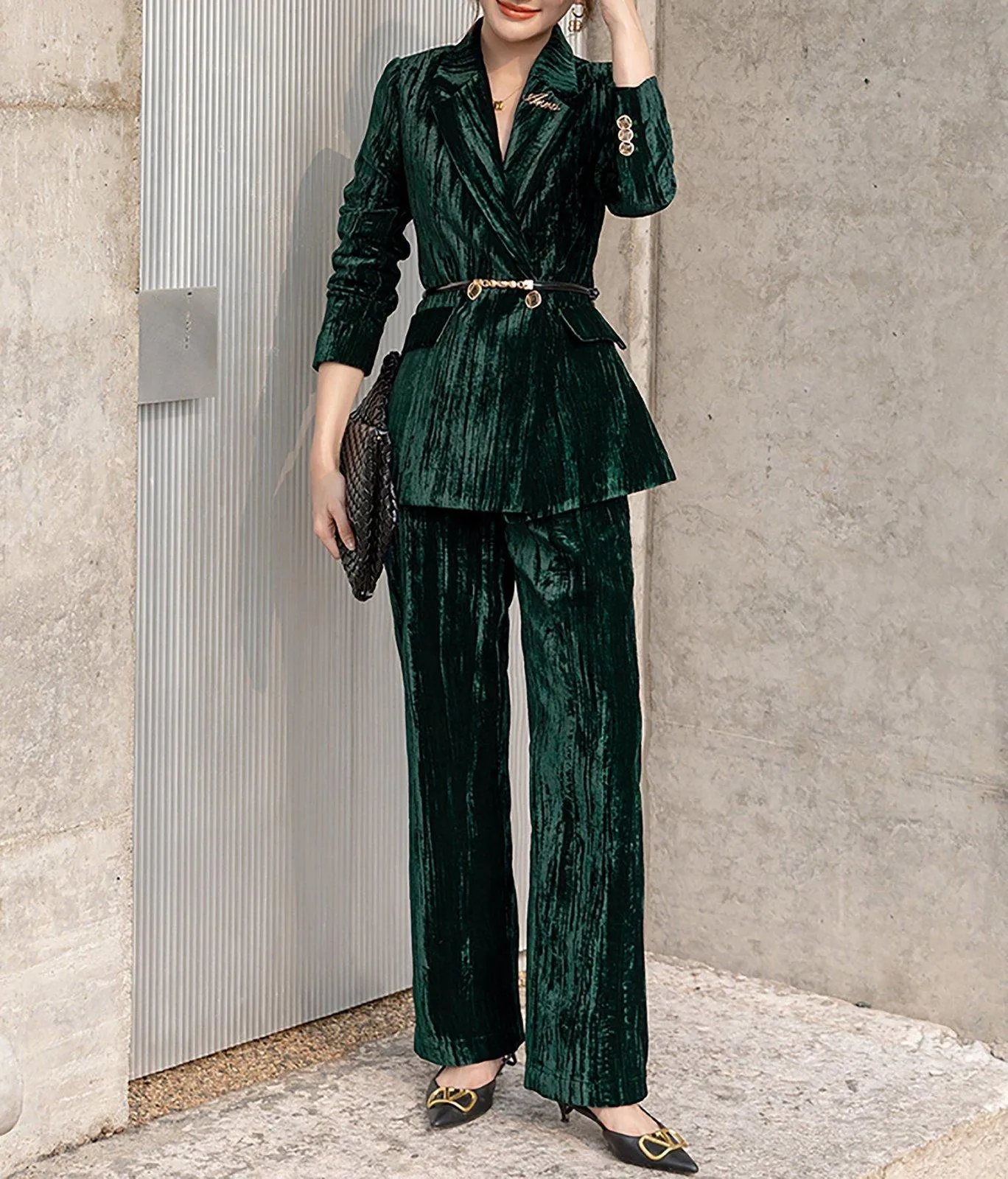 Velvet Two Button Blazer & Flare Pant Suit Set