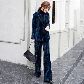 Velvet Two Button Blazer & Flare Pant Suit Set