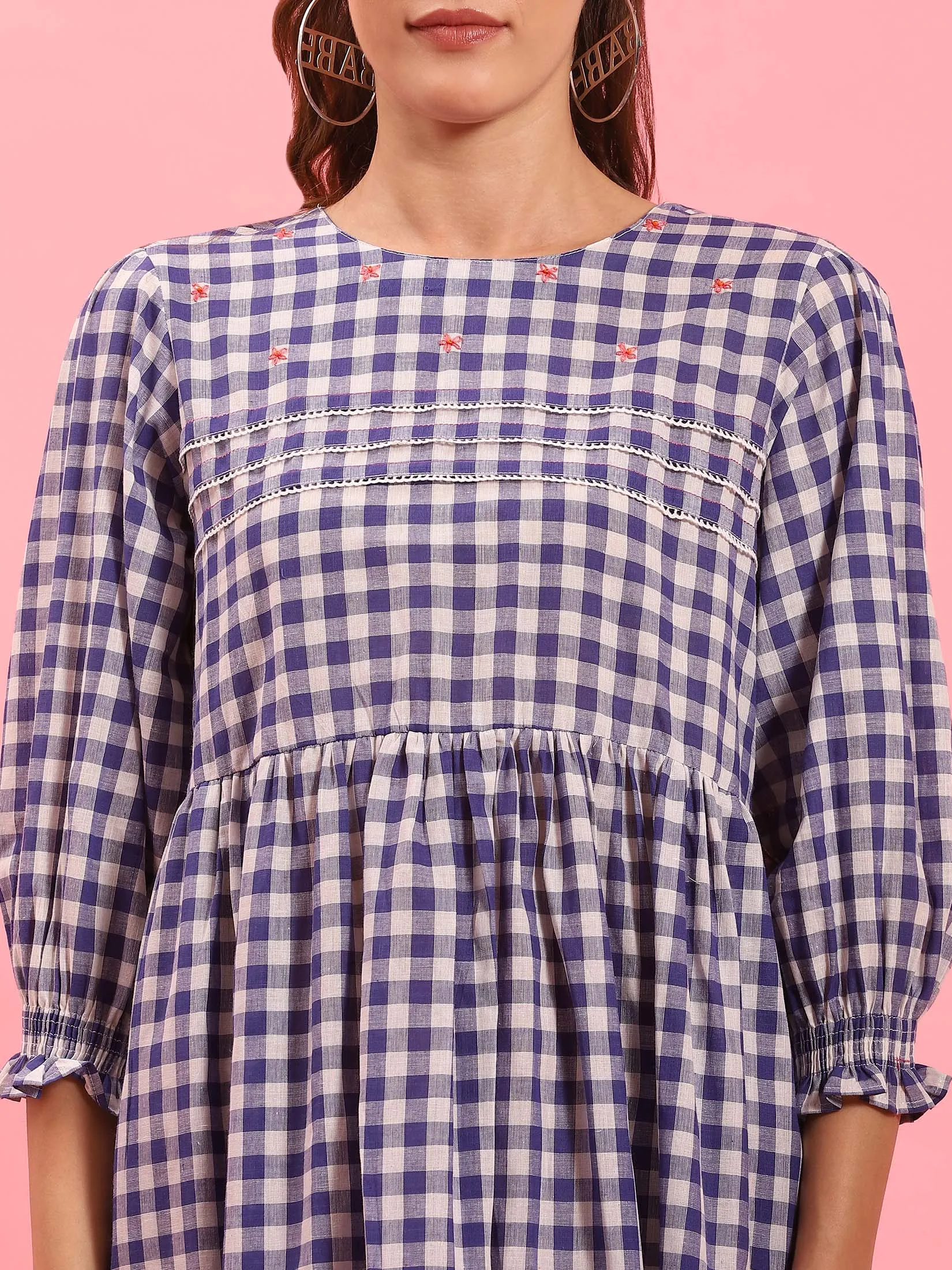 Women Blue Checked Short Dress