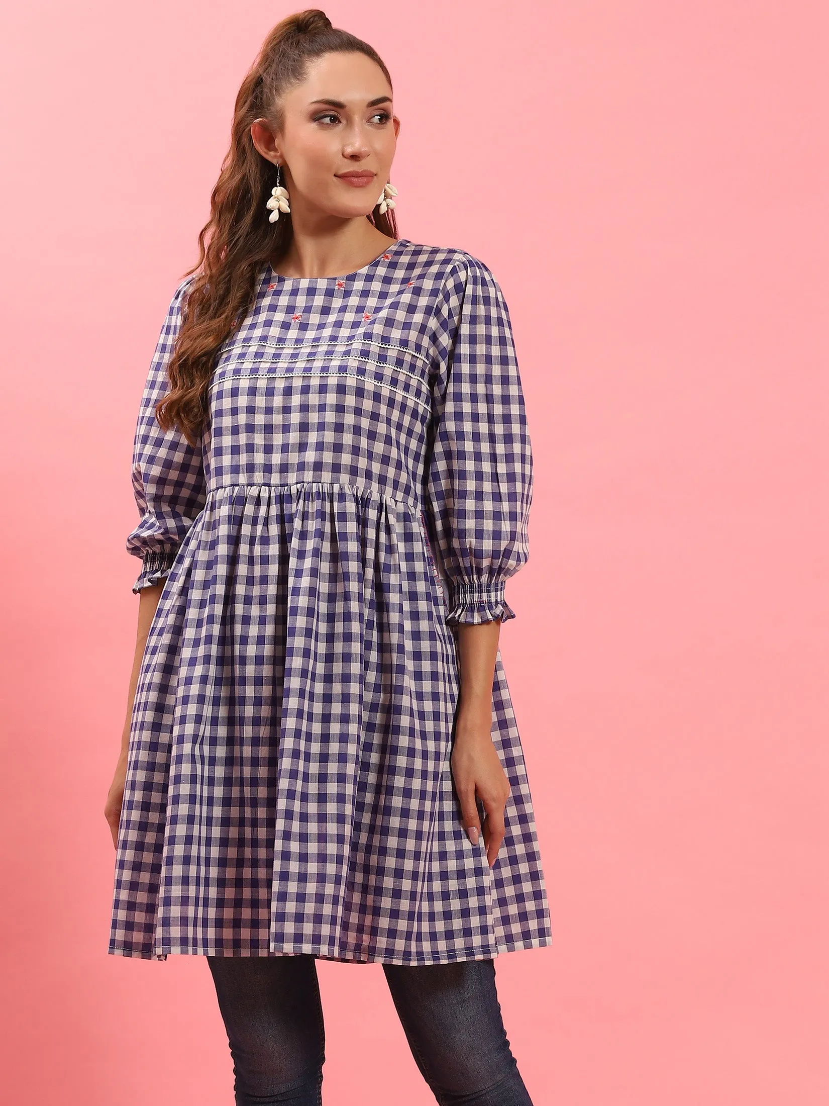 Women Blue Checked Short Dress