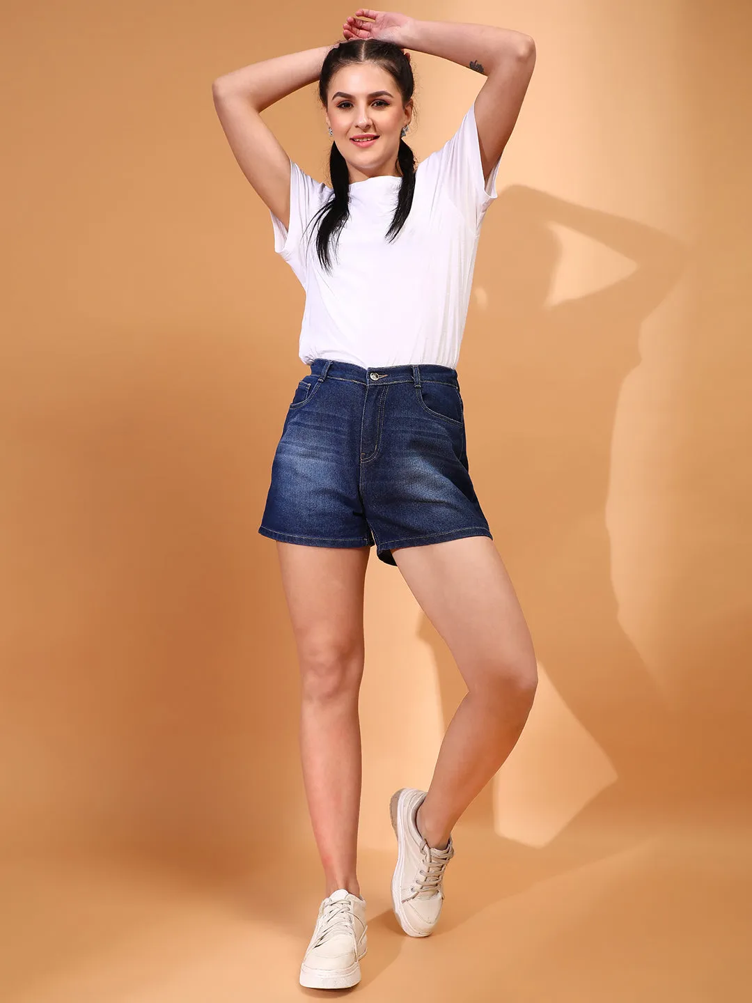 Women Denim solid Dark Blue Shorts