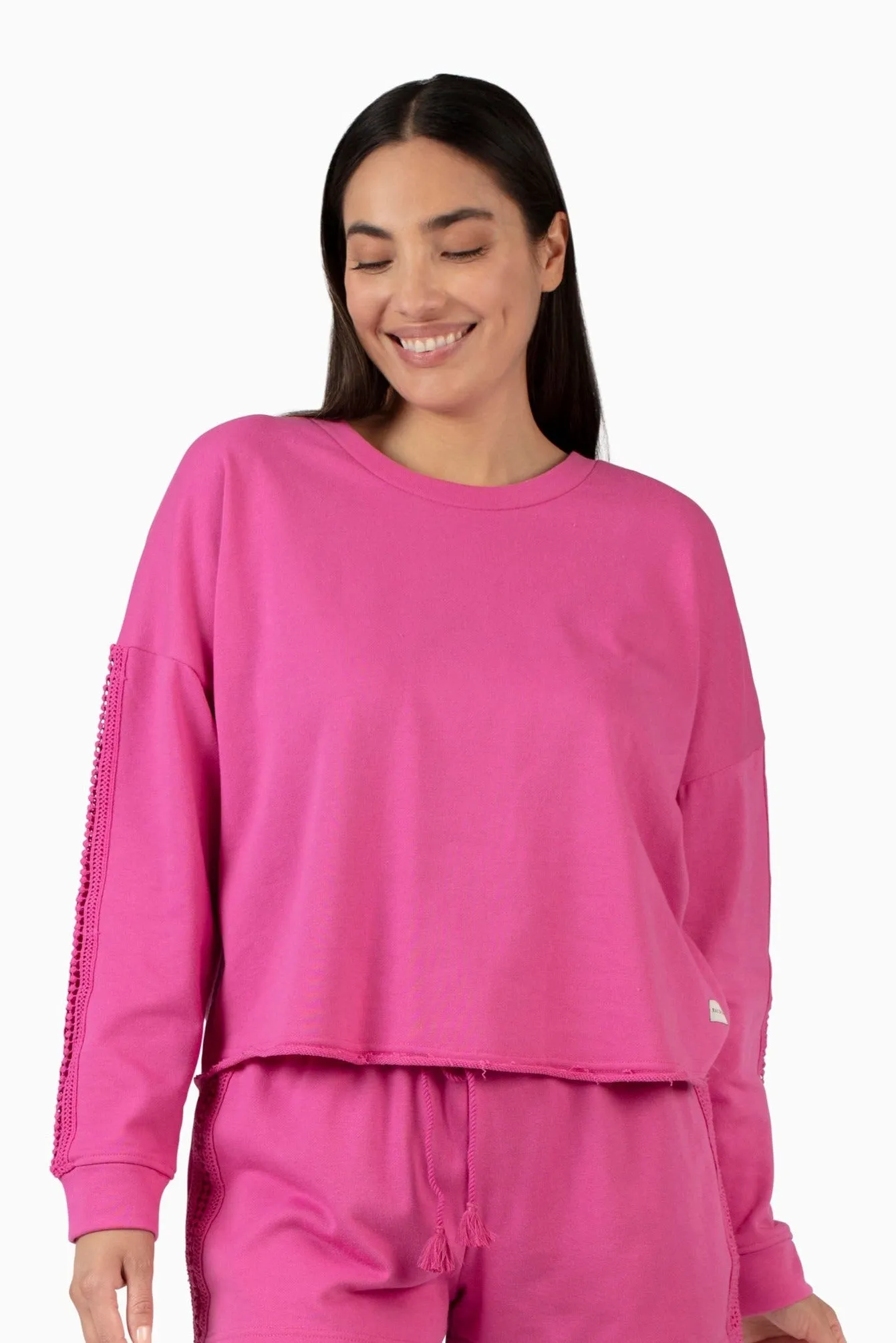 Women's French Terry Crochet Trim Sweatshirt, Hot Pink and Navy Blue