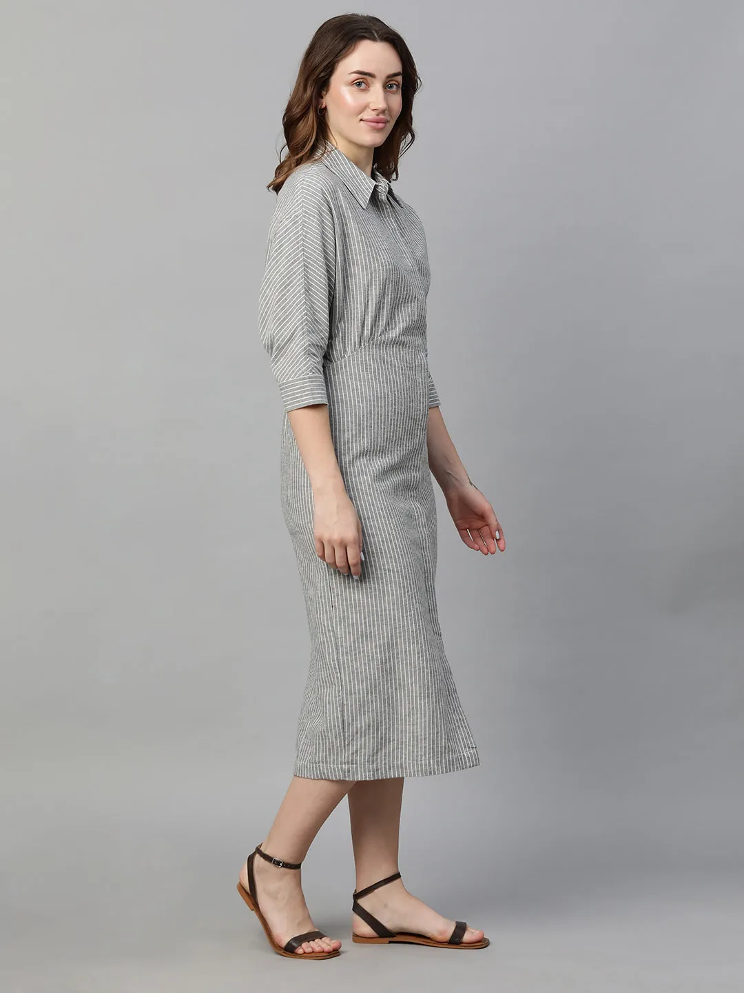 Women's Grey Cotton Linen Regular Fit Dress