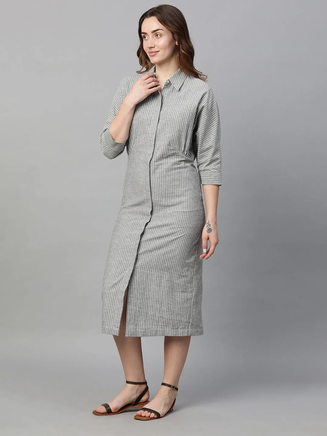 Women's Grey Cotton Linen Regular Fit Dress