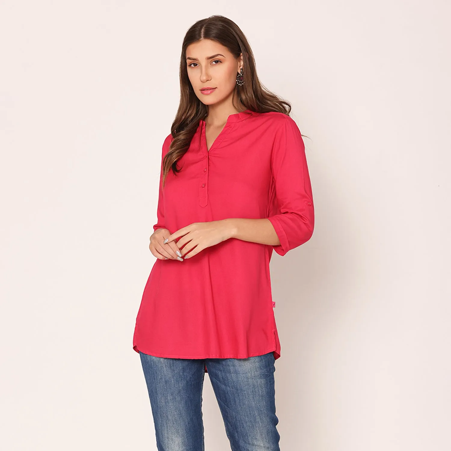 Women's Solid Short Kurti- Fuschia